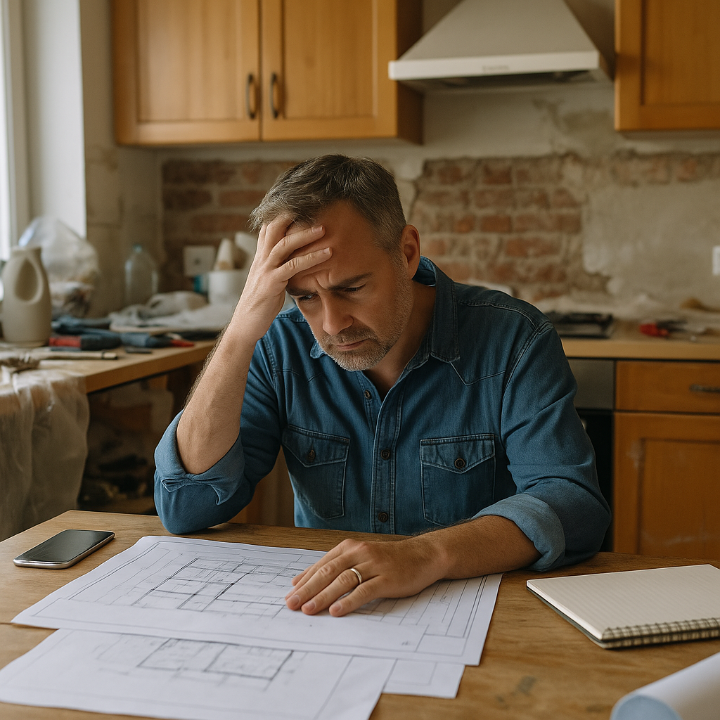 Image: stressed homeowner looking at renovation chaos